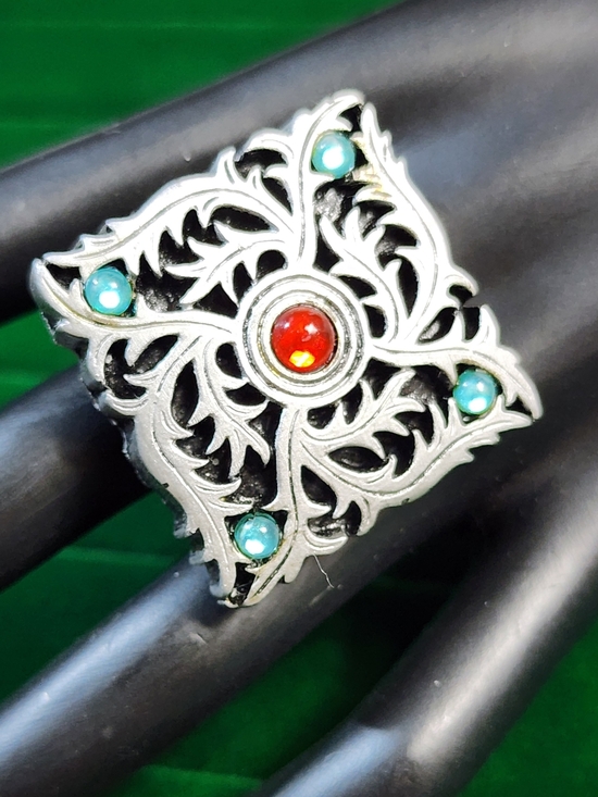 Vintage Jewelry - 1980s Artisan Multi Stone Ring Red Turquoise Cabochon Silver Tone Adjustable
